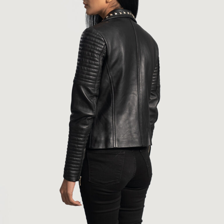 Womens Sally Mae Studded Black Leather Biker Jacket Tilted Back-8-1664352685113